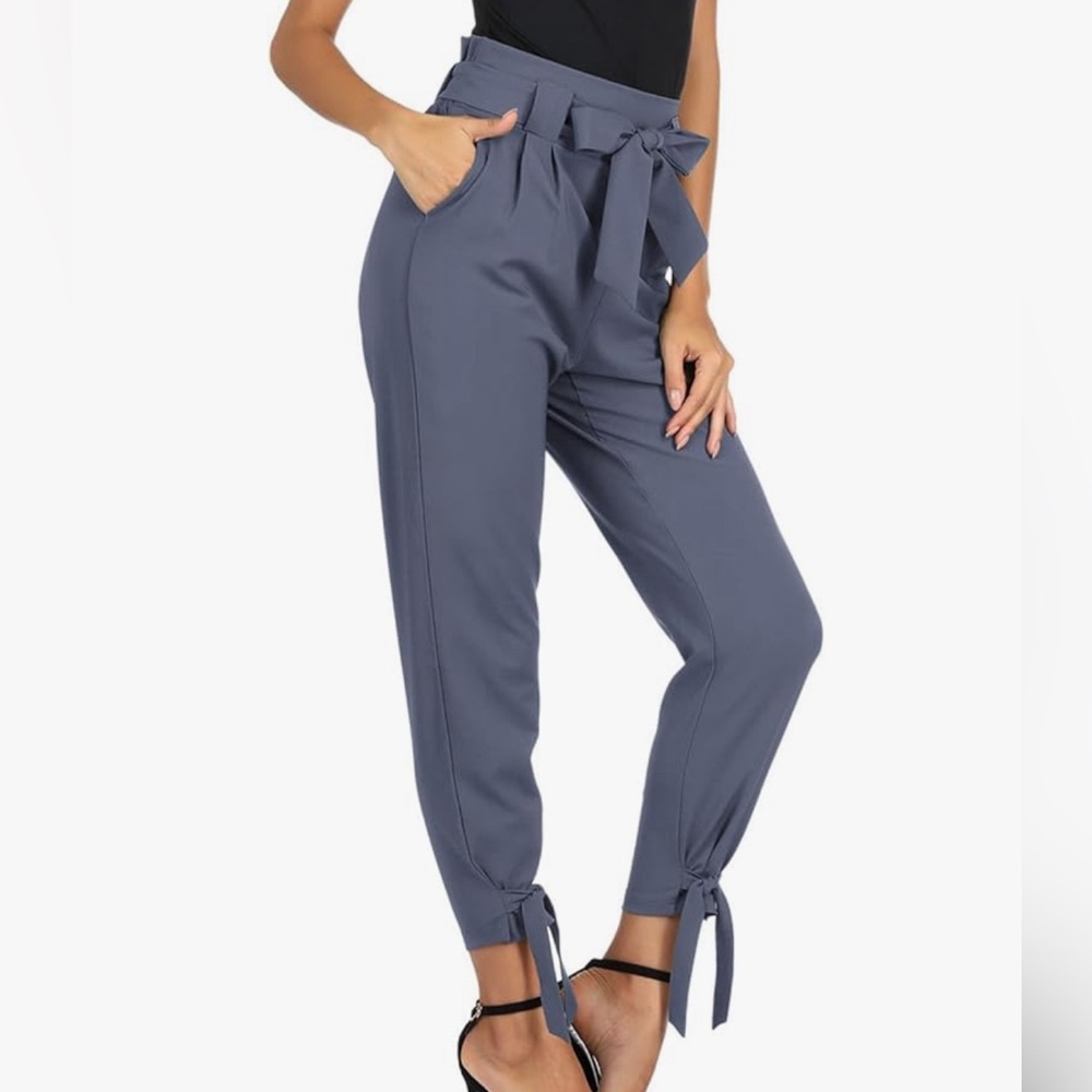 Grace Karin Slate Blue Paperbag Waist Tie Joggers